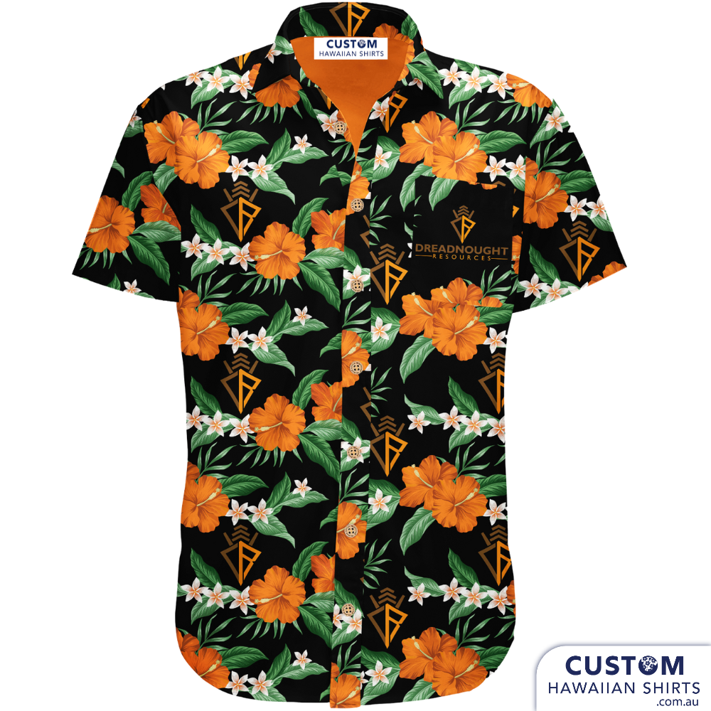 New staff shirts custom-designed for Dreadnought Resource, WA. This mining company wanted something different and we delivered. These personalised Hawaiian shirts has their their logo on the chest pocket.