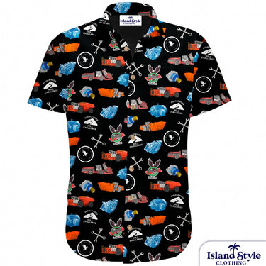 Black shirt with colorful graphic pattern on a white background