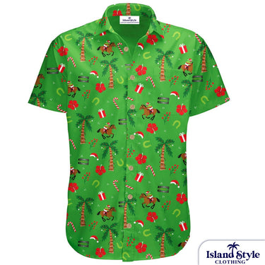 Green holiday-themed shirt with festive patterns on a white background