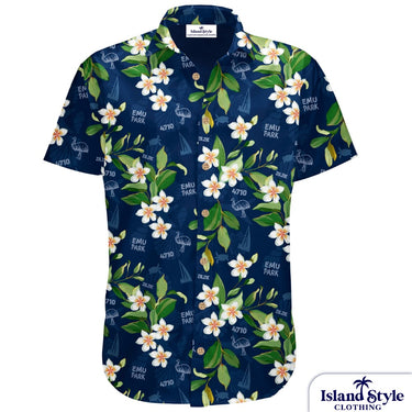 Navy blue shirt with floral and nature-themed design on a white background