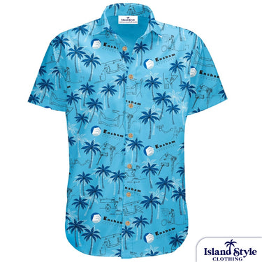 Blue shirt with palm tree and beach chair pattern on a white background