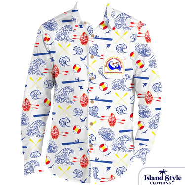 Colorful patterned shirts with a visible brand logo on a white background