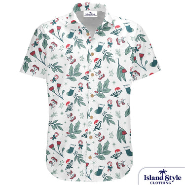 Short-sleeve shirt with Christmas-themed pattern on a white background, featuring Island Style Clothing brand.
