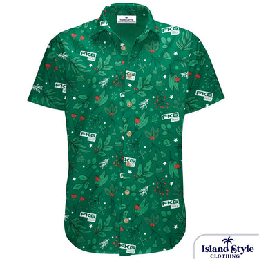 Green patterned shirt with brand logos on a white background