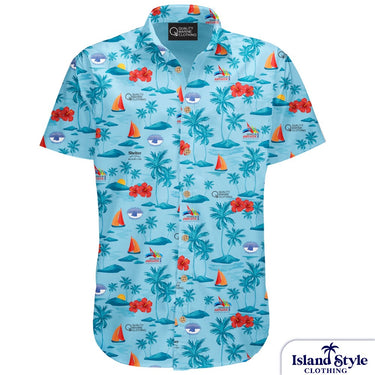 Blue tropical patterned shirt with palm trees, flowers, and sailboats on a white background.