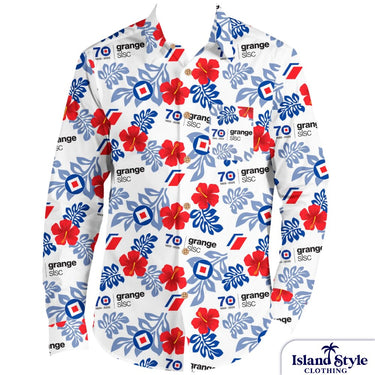 Floral patterned shirts with 'grange' and 'SLSC' branding on a white background.