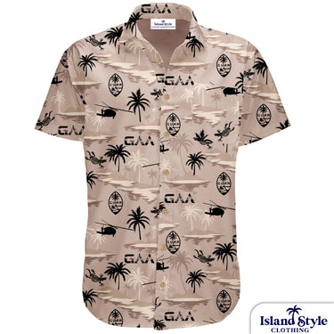 Beige Hawaiian shirt with black palm tree and boat pattern on a white background