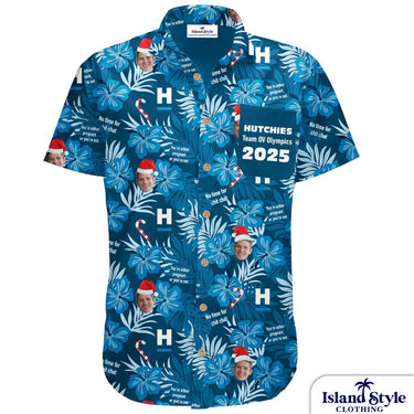 Blue floral patterned shirt with printed faces and text, featuring 'Island Style Clothing' branding.