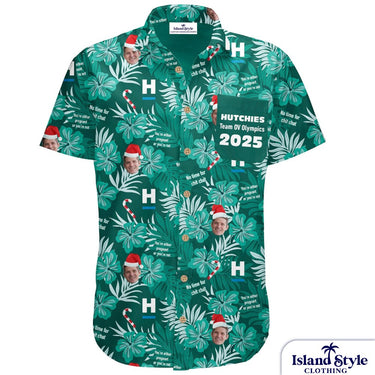 Green patterned shirt with text and graphics on a white background