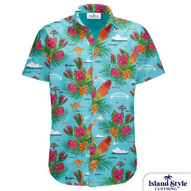 Colorful tropical shirt with floral and animal patterns on a white background