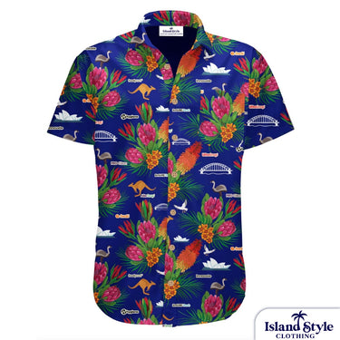 Colorful tropical shirt with floral and animal patterns on a white background