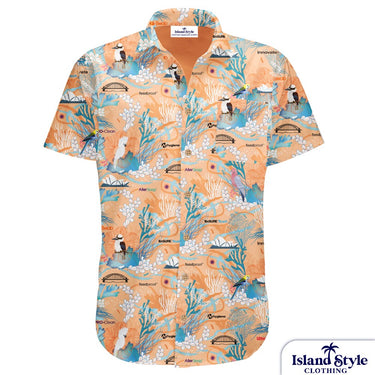 Short-sleeve shirt with a colorful pattern on a white background, featuring 'Island Style Clothing' branding.