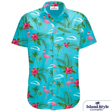 Tropical patterned shirt with flamingos and palm trees on a blue background, featuring the Jennichen brand.
