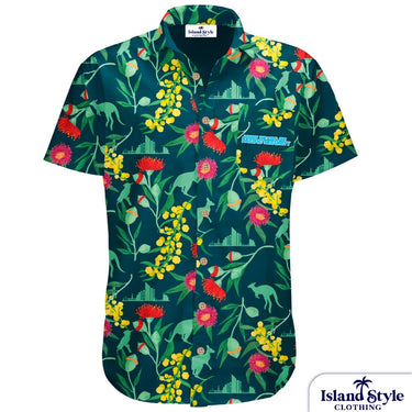 Colorful floral and animal patterned shirt on a white background with 'Island Style Clothing' branding.