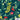 Patterned fabric with flowers, leaves, and city skyline on a dark blue background.