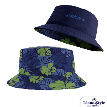 Two bucket hats, one plain navy and one with green floral pattern, on a white background. 'Jubadank' is embroidered on the plain hat.