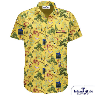 Yellow patterned shirt with 'Island Style Clothing' branding on a white background