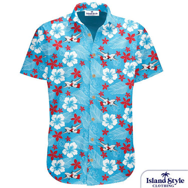 Hawaiian shirt with red and white floral pattern on a blue background, featuring 'Island Style Clothing' brand.