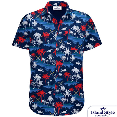 Short-sleeve shirt with tropical pattern on a white background