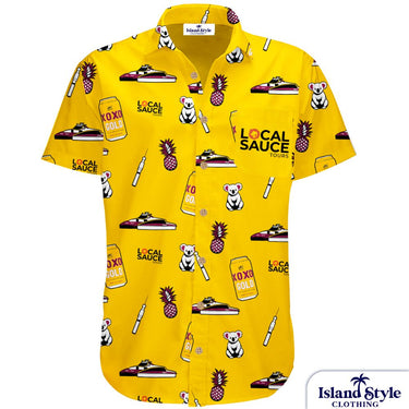 Local Sauce Tours Brisbane | Custom Hawaiian Shirt Uniforms, yellow colour with koala, beer, and city cat.