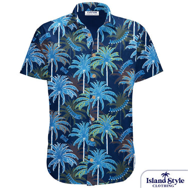Navy blue shirt with blue palm tree pattern on a white background, featuring 'Island Style Clothing' brand.