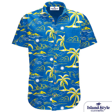 Blue Hawaiian shirt with yellow palm tree and wave pattern on a white background