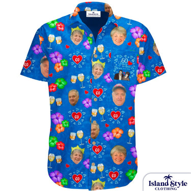 Blue shirt with colorful patterns and faces on a white background