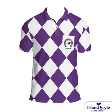 Purple and white checkered polo shirt with a logo on a white background
