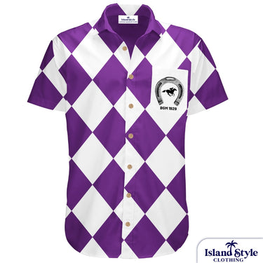 Purple and white argyle pattern shirt with a logo and text on a white background