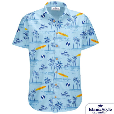 Blue Hawaiian shirt with palm tree and beach ball pattern on a white background