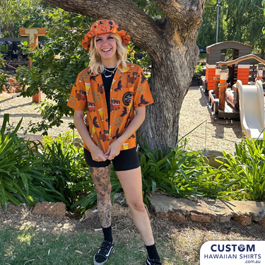 Mount Helena Tavern wanted some funky new custom hospitality uniforms in a modern Aussie look with Bush Chook beer cans, a dog, burgers and gum leaves. 