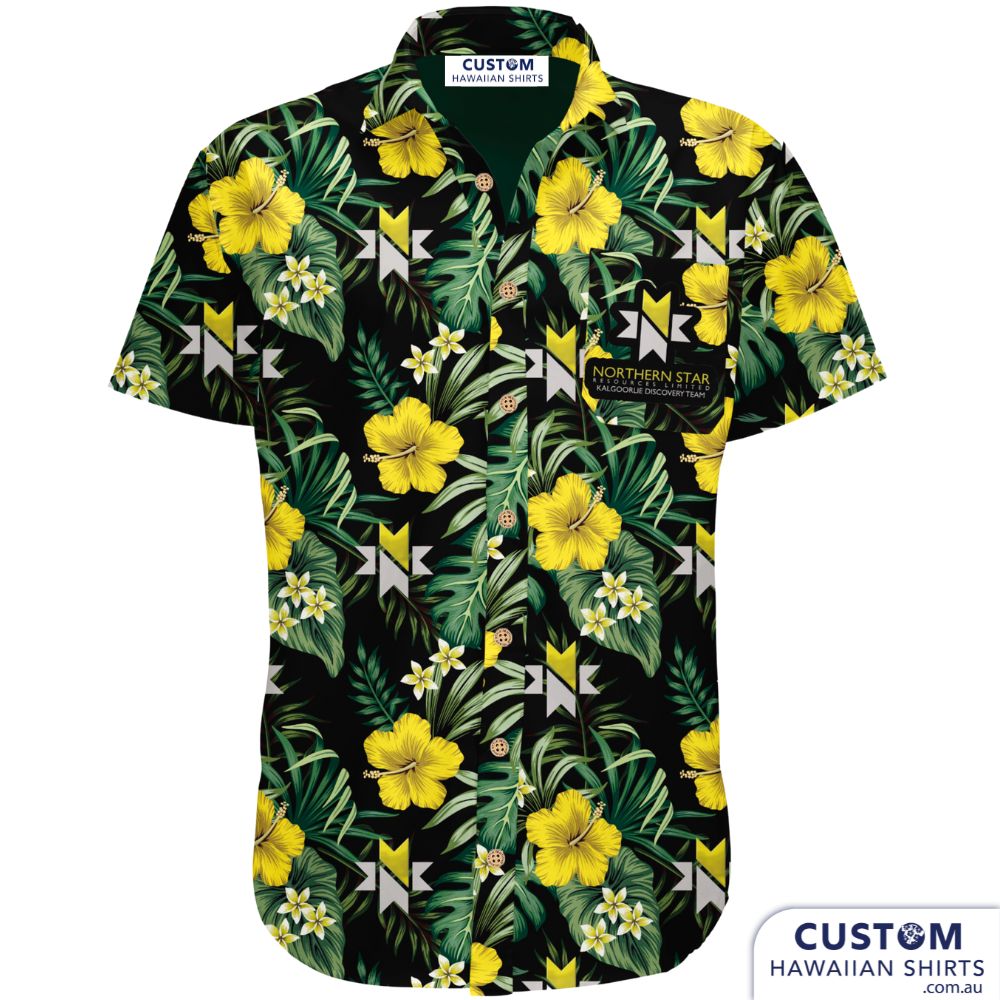 New staff shirts custom-designed for Northern Star Resources Ltd, WA. This mining company wanted something different and we delivered. These personalised Hawaiian shirts has their company logo on the chest pocket.