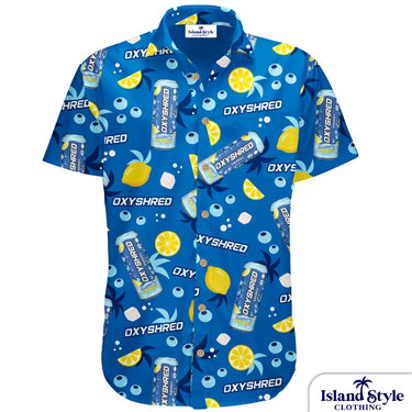 Blue shirt with OXYSHRED drink pattern on a white background