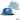 Two bucket hats, one blue with a logo and one patterned with palm trees and boats, on a white background.