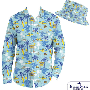 Blue tropical-themed shirt and hat with palm trees and airplanes on a white background, featuring 'Island Style Clothing' brand.