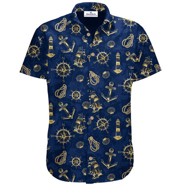 Nautical-themed shirt with gold patterns on a blue background