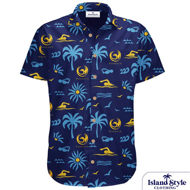 Navy blue shirt with tropical pattern on a white background