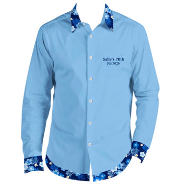 Light blue shirt with floral cuffs and collar on a white background