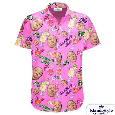Pink shirt with cocktail and face patterns on a white background