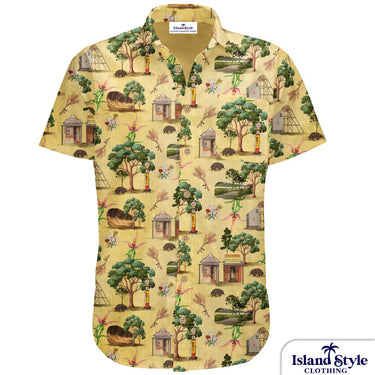 Short-sleeve shirt with nature-themed pattern on a white background, featuring 'Island Style Clothing' branding.