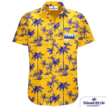 Yellow shirt with blue palm tree pattern on a white background
