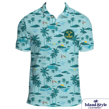 Tropical patterned shirt with palm trees and Caxton branding on a white background