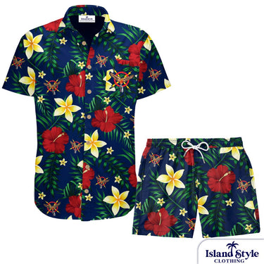 Hawaiian shirt and shorts set with tropical floral pattern on a white background
