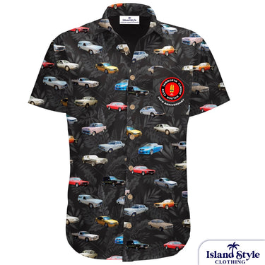 Hawaiian shirt with car pattern and Island Style Clothing logo