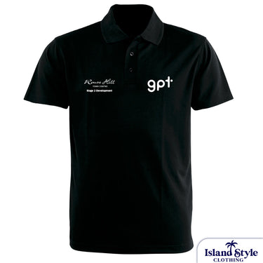 Black polo shirt with white text on a white background