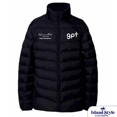 Black puffer jacket with white text on a white background