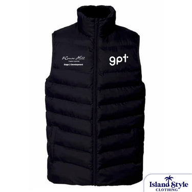 Black puffer vest with white text on a white background