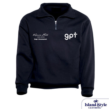 Black pullover with white text on a white background
