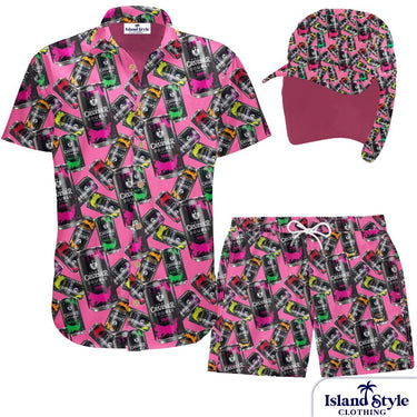 Pink shirt, shorts, and cap with beer can pattern on a white background