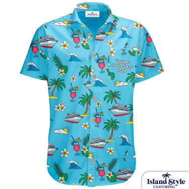 Blue Hawaiian-style shirt with tropical patterns on a white background